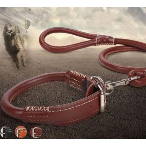 Complete Set Easy Grip Rolled Up Leather Dog Collar and Leash Adjustable Pure Leather Pet Walking Training Set Durable Anti Tangling Comfortable Lead Available in Black and Brown