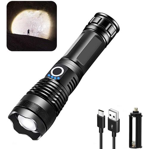 P50 Ultra-Bright Tactical Flashlight 2000 Lumens USB-C Rechargeable Zooming Torch with 18650 Battery (Waterproof, 1.5km Beam, SOS Mode)