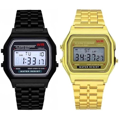 Luxury Gold and Black Watch Unisex Combo Watch F91W Steel Band Watch Retro LED Digital Sports Dial Unisex Couple watch Military Waterproof Electronic Wrist Band Clock For Ladies Men Business Watches