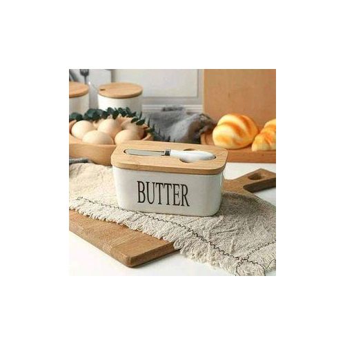 Ceramic Butter Dispenser With Spreading Knife Airtight Bamboo Lid