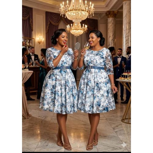 Elegant Floral A-Line Midi Dress Casual Office Wear with Belt Half Sleeve- Blue