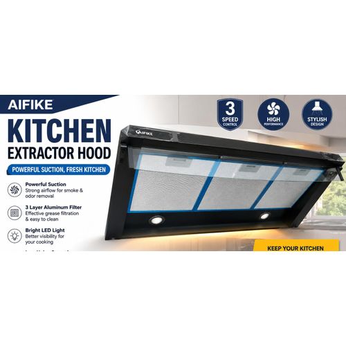 AFK186 90CM Kitchen Extractor Hood Black Stainless Steel Cooker Hood With LED Lights & 3 Speed Control