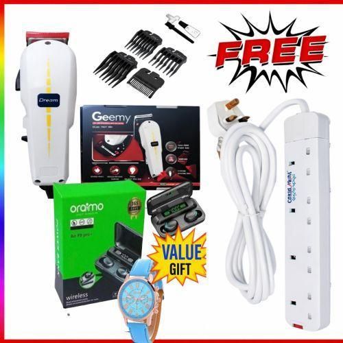 Geemy BUSINESS GRADE ELECTRIC SHAVING MACHINE – RELIABLE KINYOZI FOR SALON & KINYOZI SHOPS + 4 way power extension and f f9 pro earbuds and watch