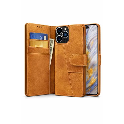 iPhone 13 Pro Max Executive Leather Wallet Flip Cover – Magnetic Stand Shockproof Case - Light Brown