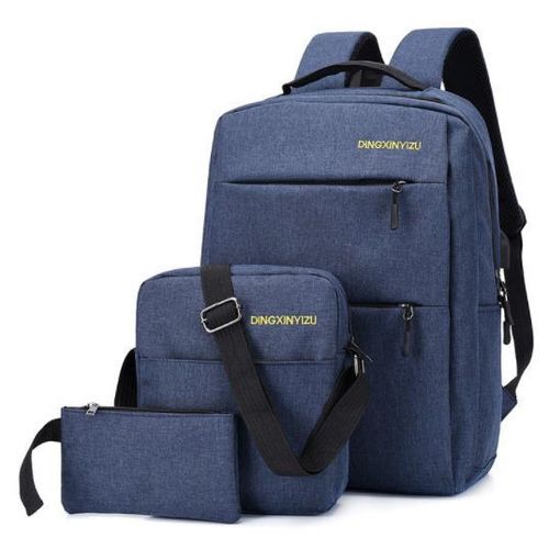 3 pc Travel Backpack Set – Blue Canvas Laptop Backpack with Shoulder Bag and Pouch, USB Charging Port – Business, Casual, School & Travel Bag for Men & Women