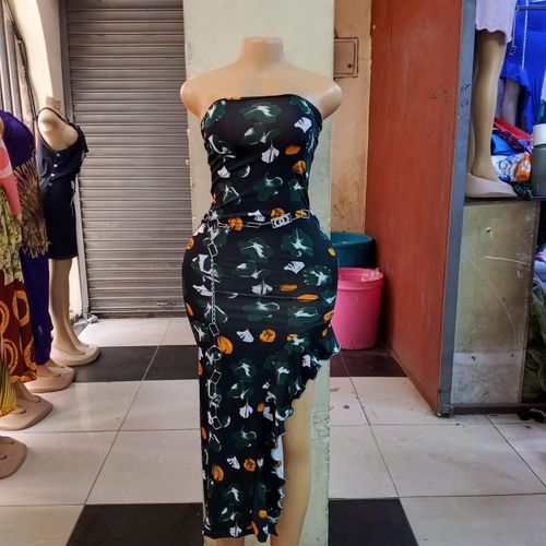 Women Strapless Floral Asymmetric Bodycon Dress Multicolor