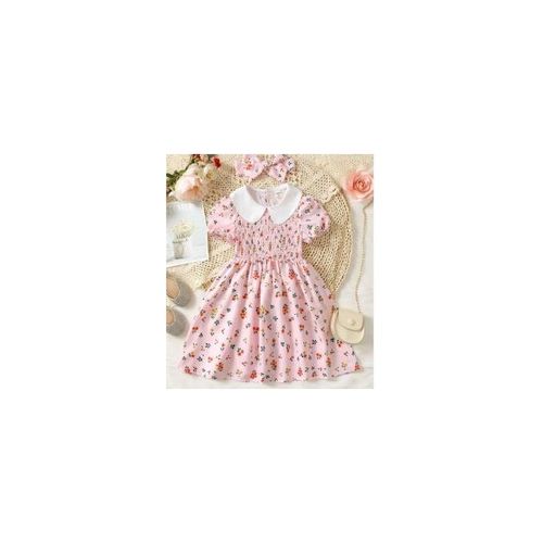 4 Years Girl Collar Floral Princess Dress with Headband-Pink