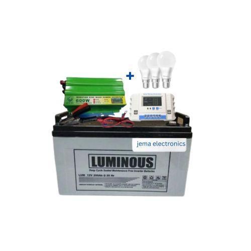 200AH Solar Battery+ 600Watts Solar Inverter + 20AH Solar Charge Controller + 3bulbs