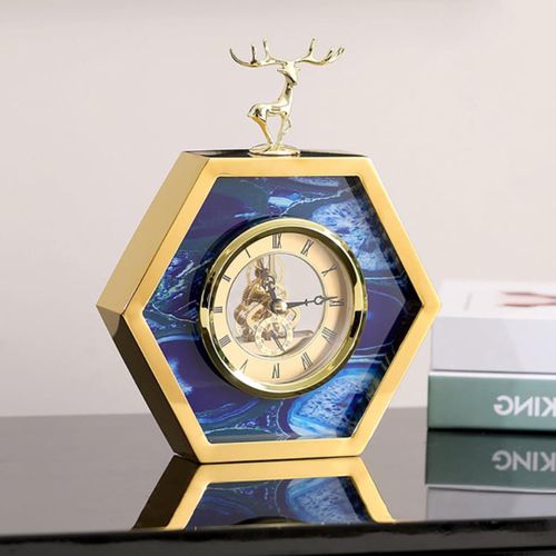 Luxury Hexagonal Gold Table Clock with Blue Agate Dial, Mechanical Exposed Gear Skeleton Face & Elegant Deer Antler Top Accent - Modern Decorative Desk & Mantle Clock