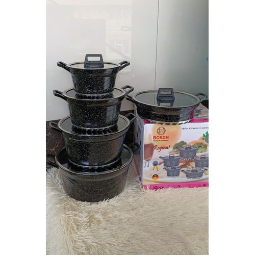 Granite Non-Stick Cooking Pots Set – Stackable Stainless Steel Rim Casseroles with Glass Lids