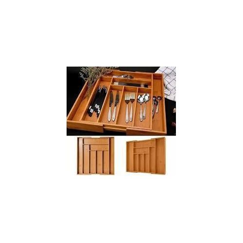 Multifunctional Expandable Bamboo Drawer Organizer - Adjustable Cutlery Tray & Utensil Holder, 6-8 Compartments, Eco-Friendly Wooden Storage for Kitchen, Office, and Vanity