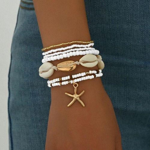 7 Pcs Cross-Border European And American New Bohemian Summer Beach Style Seed Bead Shell Starfish Multi-Layer Bracelet