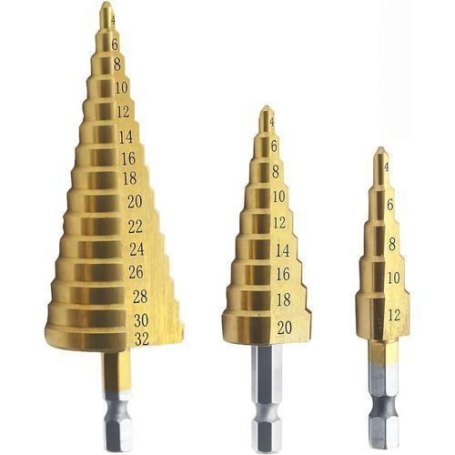 3 Pieces Multi-Size Step Drill Bits. Titanium-Coated, High-Speed, Steel Precision Drilling in Wood and Metal for Home DIY Professionals.