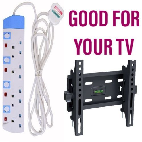 4Way Power Extension - White With Fuse + 15, 19, 24, 32 And 43 Inch TV Mount