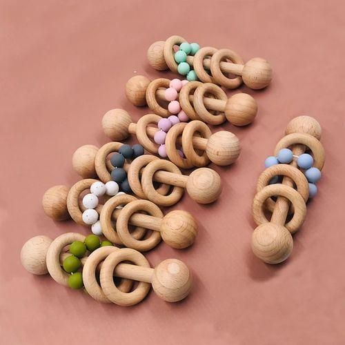 Safe Organic Wooden Baby Teether Beaded Rattle Sensory Toy