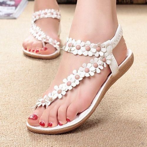 Womens Sandal Shoes Floral Design Open Toe Faux Leather Comfortable Non-slip Lightweight Casual Beach Daily Wear Flat Sandals White