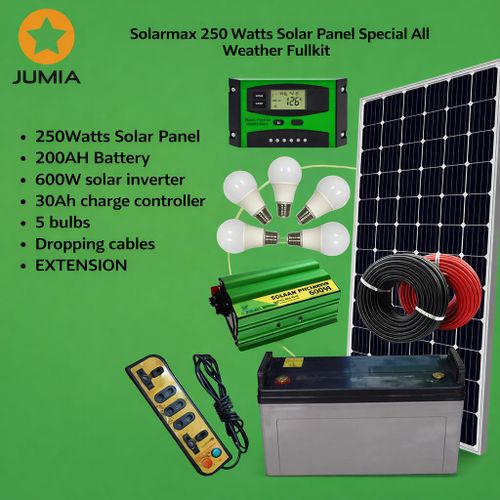 250 Watts Solar Panel Special All Weather Fullkit 200AH Battery 600Watts Solar Inverter 30 Ah Charge Controller5 bulbs dropping cableEXTENSIONs