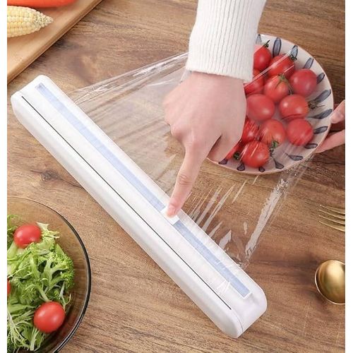 Wrap Dispenser & Cutter, Refillable Cling Film Wrap Dispenser, Suction Cup Plastic Film Cutter for Cutting Plastic Foil Food Transparent Film and Foil for Kitchen, Restaurant, White