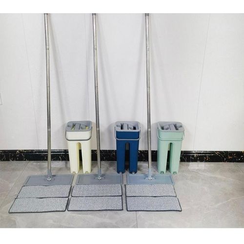 Hands Free Squeeze Flat Mop and Bucket Set With Microfiber Mopping Cloths