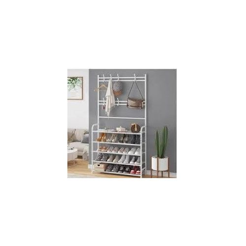 Coat Rack, Shoe Storage & Shelf Unit (White Metal)
