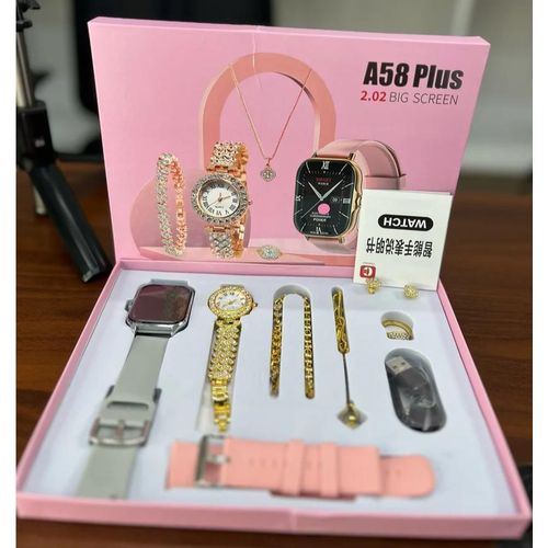 Smart Watch A58 Plus Series Supports Bluetooth Call Ultra, wireless charging, Long Endurance Sleep Monitoring + Additional Women's Diamond Set Small Gold Watch Set Gift Box, Necklace, Earrings, Bracelet, Ring, Analog watch, Smartwatch