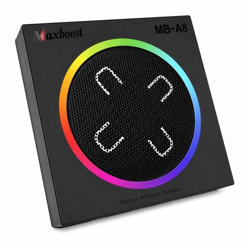Maxboost MB-A8 portable wireless speaker featuring a distinctive square design with a central circular RGB light ring.