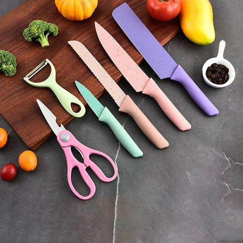 6Pcs Colorful Knife Set High Carbon Steel Kitchen Knife Set Environmental Wheat Straw Material Handle Sharp All-purpose Professional Chef Knife with Gift Box Coloured Knives Set