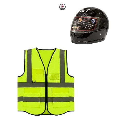 2 Piece Motorcycle Riders Safety Gears: A Full Head Helmet and Reflective Riders Vest