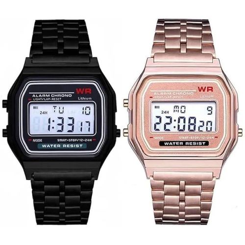 Luxury Rosegold and Black Watch Combo Watch Couple watch Unisex F91W Steel Band Watch Retro LED Digital Sports Dial Unisex Military Waterproof Electronic Wrist Band Clock For Ladies Men Business Watches