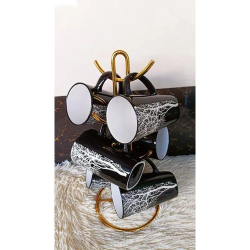 6PC Black Ceramic Mugs with Tree Design – Elegant Coffee & Tea Cups Set
