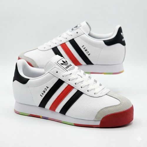 Samoa Multi-Color Retro Sneakers White leather low-tops featuring signature tricolor stripes and a vibrant patterned midsole