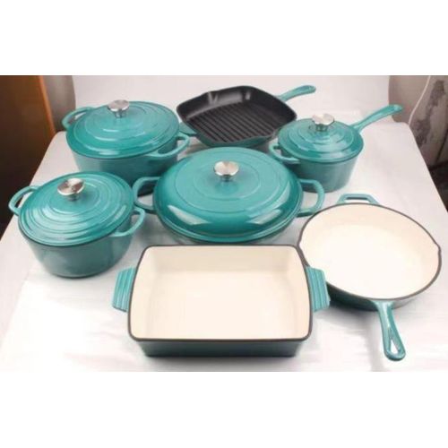 11-piece Blue enamel cast iron cookware set.