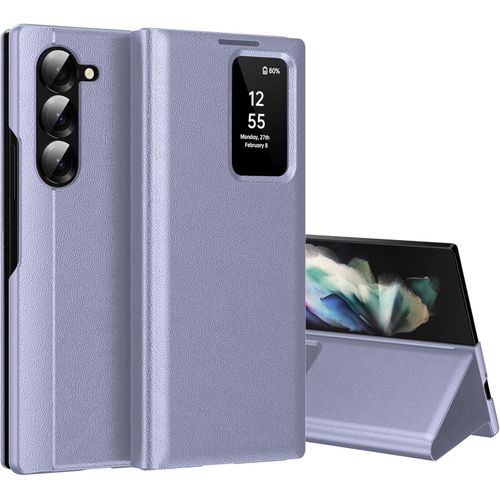 Galaxy Z Fold 6 Smart Clear View Wallet Case With Interactive Display Window Slim Magnetic Flip Cover - Purple