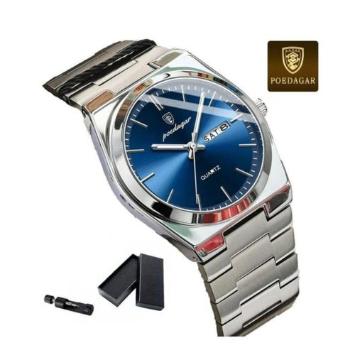 BLUE Luxury Unisex Quartz Wristwatch – Stainless Steel Case, Date Display, Genuine Strap, Scratch-Resistant Glass, Elegant Business & Casual Timepiece, High Precision Movement, Durable Fashion Accessory for Men