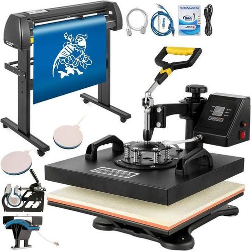 8 in 1 Heat Press & 2ft Vinyl Cutter Plotter Machine - 720mm Paper Feed, Digital Control, 360° Swing Away