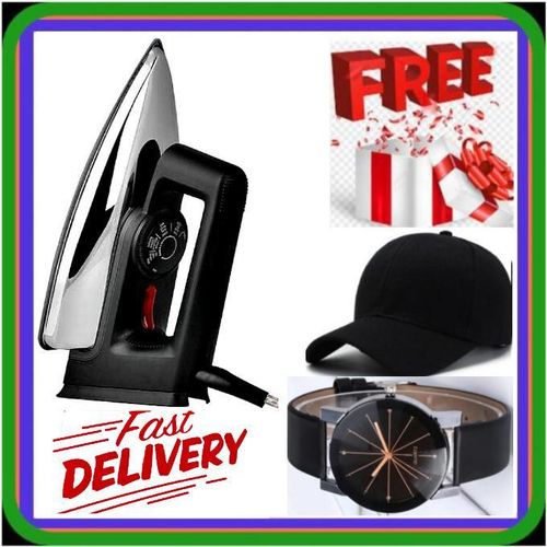 LongLasting User-Friendly 1000W Electric Dry Iron Box – IronBox Comfortable Grip Smooth Ironing Teflon Soleplate + FREE GIFTS CAP & WRIST WATCH