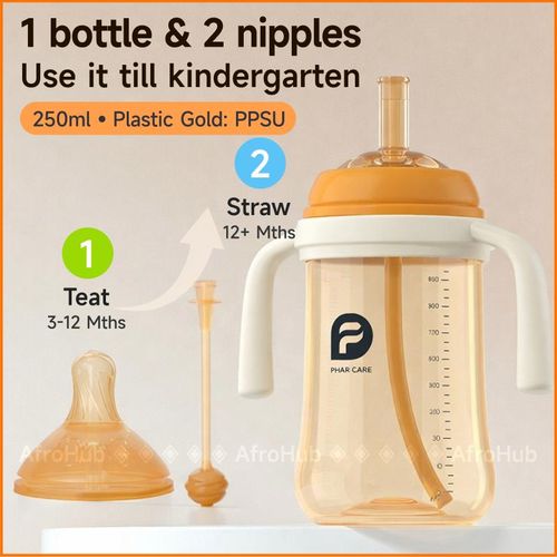 240ml PPSU Gold Baby Feeding Bottle - 2-in-1 Nipple & Straw Sippy Cup | Unbreakable Anti-Colic Water Bottle with Gravity Ball (BPA Free)