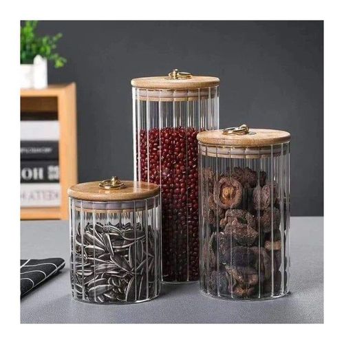 Glass container bamboo lid with golden pull ring