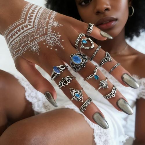 13 - Piece Combination Ring Set BohemianStyle Silver Ring Set Vintage Diamond - Inlaid Carved Crown Starry Sky Gemstone crown Stainless Steel Statement