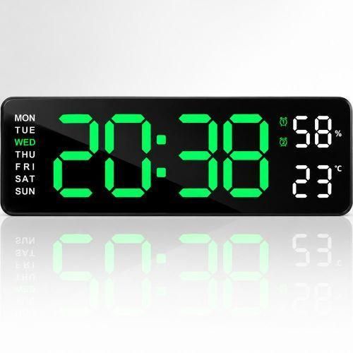 9.5 Inch LED Digital Wall Clock with Green Light, Dual Alarm, Auto Dimming, Temperature & Humidity Display