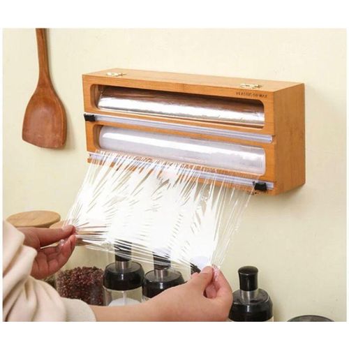 Bamboo Foil and Plastic Wrap Organizer with Cutter - Foil and Plastic Wrap Dispenser with Cutter - Organizer Holds Parchment Foil and Plastic Rolls