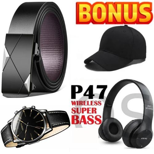 Official Buckle Belt for Men & Gentlemen + Bluetooth Wireless Headphones, Cap, Watch