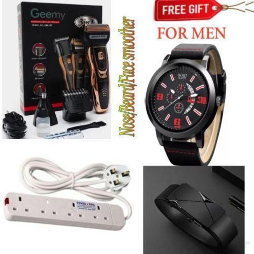 Geemy 4 WAY EXTENSION LONG CORD WITH FUSED PLUG + PROFESSIONAL RECHAGEABLE ELECTRIC HAIR CLIPPER KINYOZI MACHINE - 3 IN 1 SHAVER - HEAVY DUTY DURABLE LOW NOISE / SHAVER FOR BUSINESS + LUXURY WATCH + BELT + WATCH