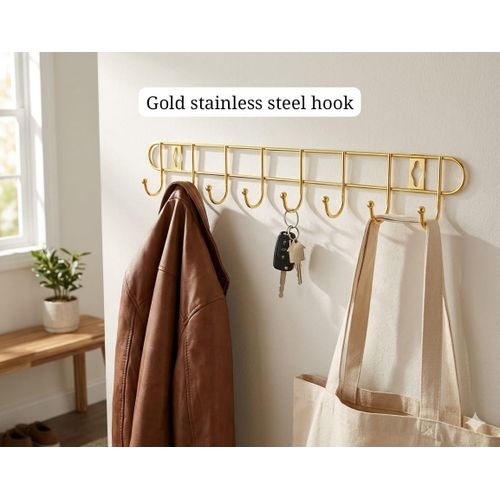 8 hook Gold Stainless steel rail for keys, coats, towels, cups, spoons etc in bedroom closet, laundry room ,kitchen, hallways etc