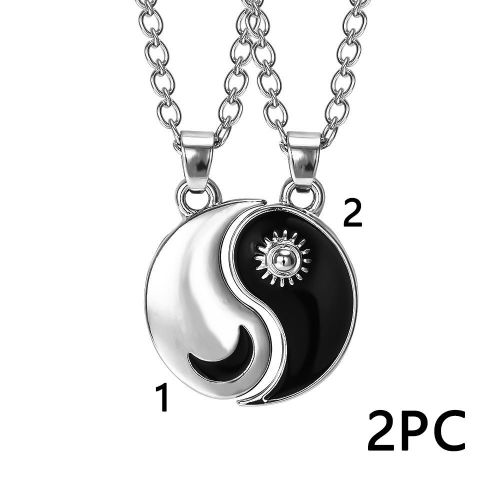 Couple Sun Moon Yin Yang Matching Necklaces - 2Pcs Silver Chain Split Pendant Set