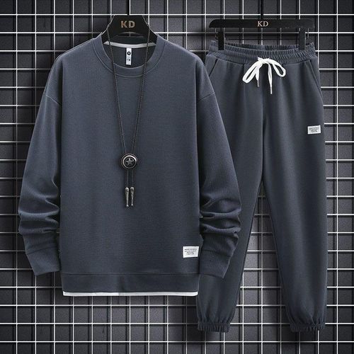 Mens 2 Piece Sweatsuits Set Waffle Long Sleeve Sweatshirt Jogging Sweatpants Tracksuits Outfits With Logo Patch Dark Grey