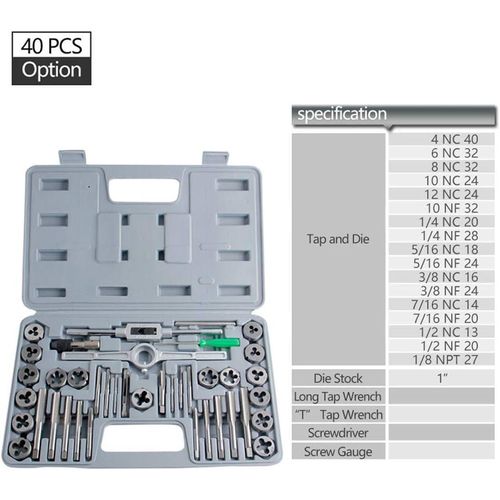 40pcs Tap and Die Set Metric and Standard Threading Tool Kit for Cutting and Repairing Internal External Threads NCNFNPT Compatible