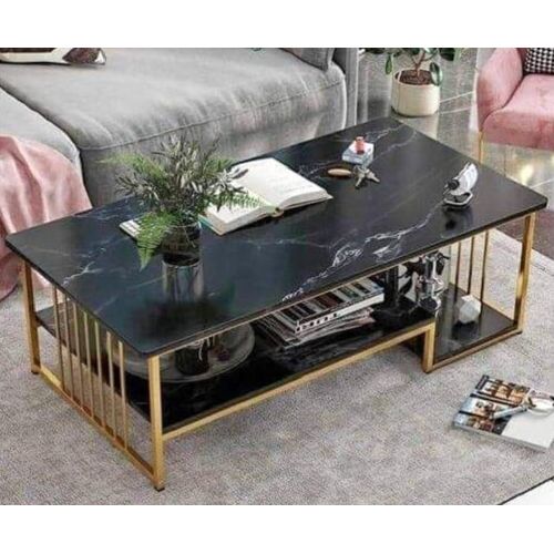 Executive Black Marble Coffee Table – Modern Rectangular Design, Golden Metal Frame