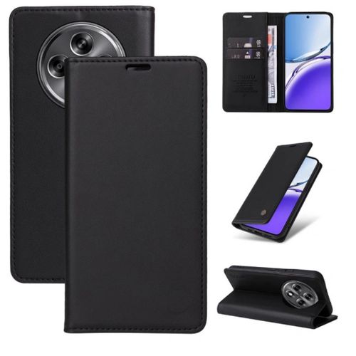 Oppo Reno 12F Phone Case, Wallet-Style Black Retro Leather Flip Cover with All-Round Protection for Second Device