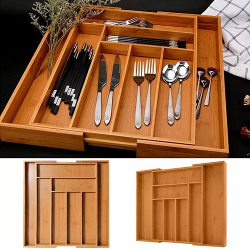 Brown Expandable Bamboo Drawer Organizer – Multifunctional Kitchen Cutlery & Utensil Storage Tray colour as shown